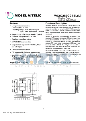 V62C2802048L-55T datasheet - Ultra Low Power 256K x 8 CMOS SRAM