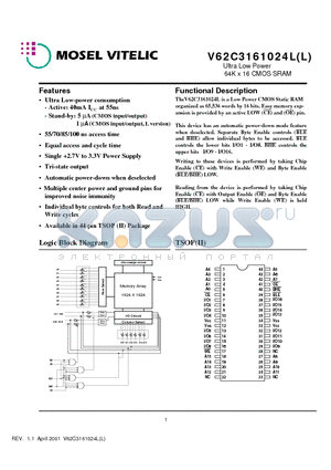 V62C3161024L datasheet - Ultra Low Power 64K x 16 CMOS SRAM