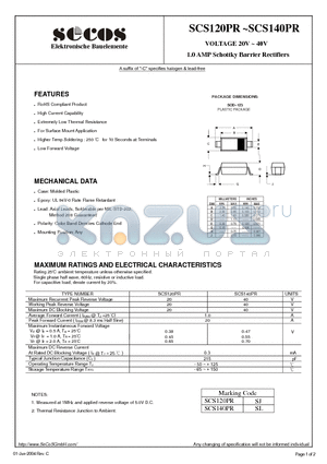 SCS120PR datasheet - VOLTAGE 20V ~ 40V 1.0 AMP Schottky Barrier Rectifiers