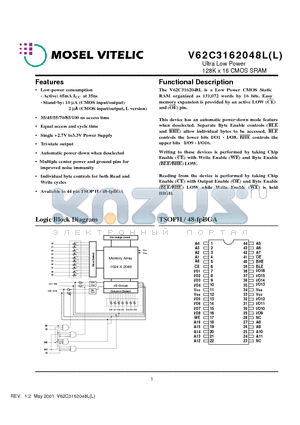 V62C3162048LL-45T datasheet - Ultra Low Power 128K x 16 CMOS SRAM