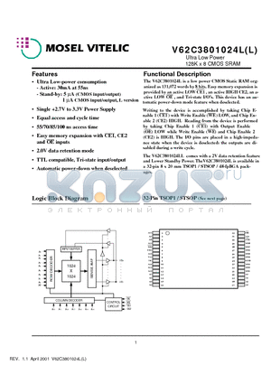 V62C3801024L-55T datasheet - Ultra Low Power 128K x 8 CMOS SRAM