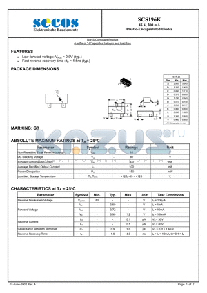 SCS196K datasheet - 85 V, 300 mA Plastic-Encapsulated Diodes