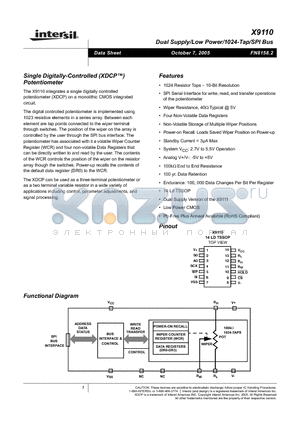 X9110 datasheet - Single Digitally-Controlled (XDCP) Potentiometer