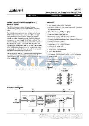 X9110TV14IZ-2.7 datasheet - Single Digitally-Controlled (XDCP) Potentiometer