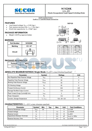 SCS226K_11 datasheet - 0.3A , 85V Plastic-Encapsulated Small Signal Switching Diode