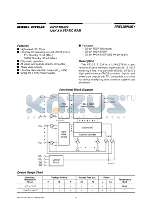 V62C5181024L-70PI datasheet - 128K X 8 STATIC RAM