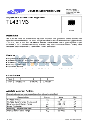 TL431M3 datasheet - Adjustable Precision Shunt Regulators