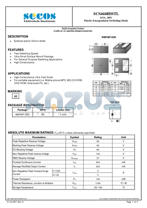 SCS4448DSTL datasheet - 0.5A , 80V Plastic-Encapsulated Switching Diode