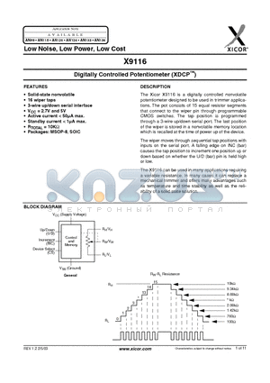 X9116WM8-2.7 datasheet - Digitally Controlled Potentiometer (XDCP)