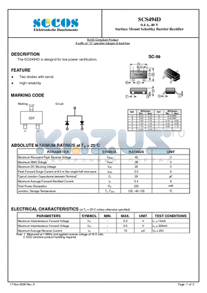 SCS494D datasheet - 0.4 A, 40 V Surface Mount Schottky Barrier Rectifier