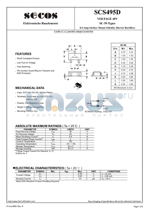SCS495D datasheet - 0.4 Amp Surface Mount Schottky Barrier Rectifiers