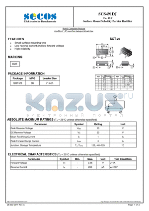 SCS491DJ datasheet - 1A , 25V Surface Mount Schottky Barrier Rectifier