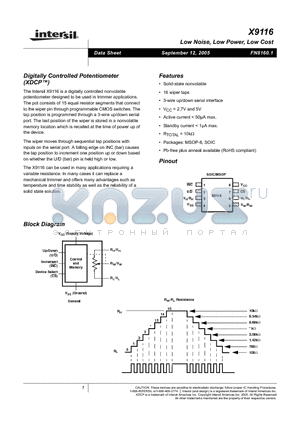 X9116WS8 datasheet - Low Noise, Low Power, Low Cost