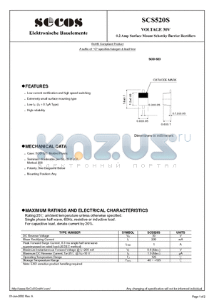 SCS520S datasheet - 0.2 Amp Surface Mount Schottky Barrier Rectifiers