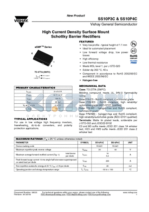 SS10P4C-M3/86A datasheet - High Current Density Surface Mount Schottky Barrier Rectifiers