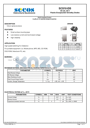 SCS751DS datasheet - 30 mA, 40 V Plastic-Encapsulate Schottky Diodes