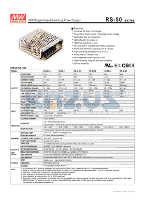 RS-50-15 datasheet - 50W Single Output Switching Power Supply