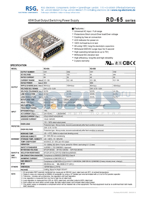 RD-65 datasheet - 65W Dual Output Switching Power Supply