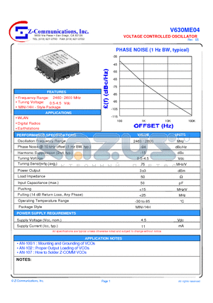 V630ME04 datasheet - LOW COST - HIGH PERFORMANCE VOLTAGE CONTROLLED OSCILLATOR