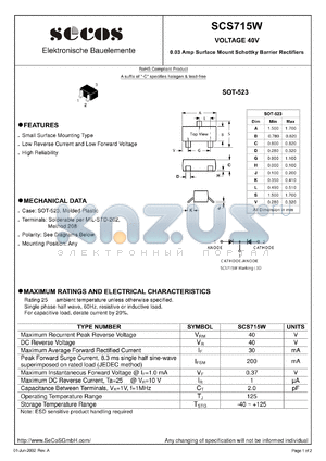 SCS715W datasheet - 0.03 Amp Surface Mount Schottky Barrier Rectifiers