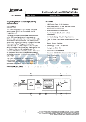 X9118 datasheet - Dual Suply/Low Power/1024-Tap/2-Wire Bus
