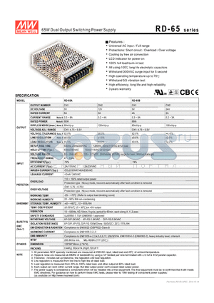 RD-65A datasheet - 65W Dual Output Switching Power Supply