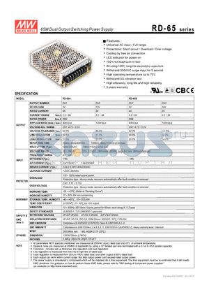 RD-65A datasheet - 65W Dual Output Switching Power Supply