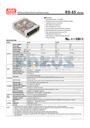 RD-65B datasheet - 65W Dual Output Switching Power Supply