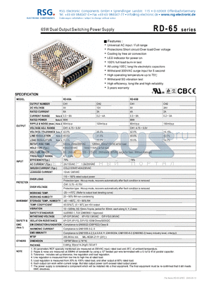 RD-65B datasheet - 65W Dual Output Switching Power Supply