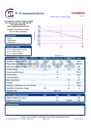 V630ME08 datasheet - Voltage-Controlled Oscillator Surface Mount Module