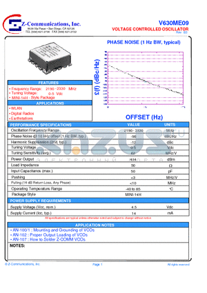 V630ME09 datasheet - LOW COST - HIGH PERFORMANCE VOLTAGE CONTROLLED OSCILLATOR