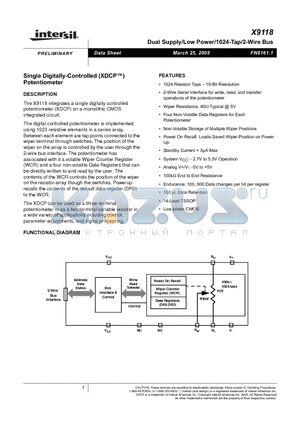 X9118TV14I datasheet - Dual Suply/Low Power/1024-Tap/2-Wire Bus