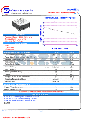 V630ME10 datasheet - LOW COST - HIGH PERFORMANCE VOLTAGE CONTROLLED OSCILLATOR