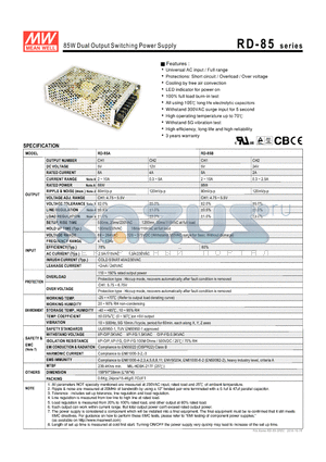 RD-85 datasheet - 85W Dual Output Switching Power Supply