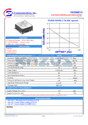 V630ME13 datasheet - LOW COST - HIGH PERFORMANCE VOLTAGE CONTROLLED OSCILLATOR