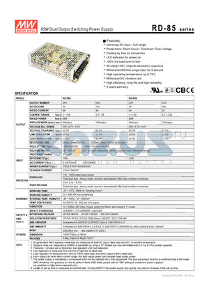 RD-85A datasheet - 85W Dual Output Switching Power Supply