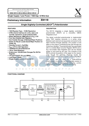 X9119 datasheet - Single Digitally-Controlled Potentiometer