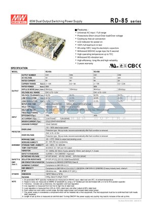 RD-85A datasheet - 85W Dual Output Switching Power Supply