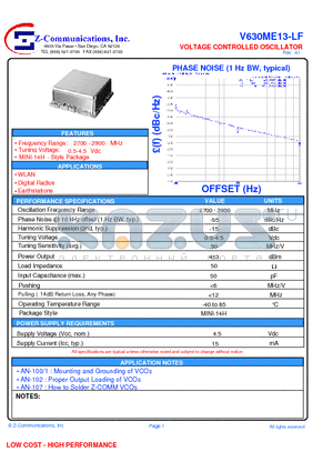 V630ME13-LF datasheet - VOLTAGE CONTROLLED OSCILLATOR