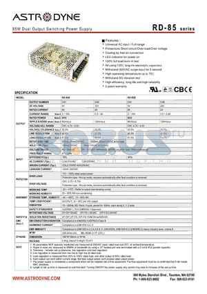 RD-85B datasheet - 85W Dual Output Switching Power Supply