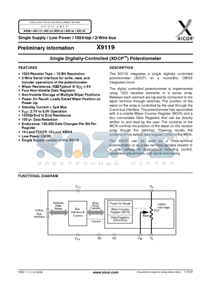 X9119TB15 datasheet - Single Digitally-Controlled Potentiometer