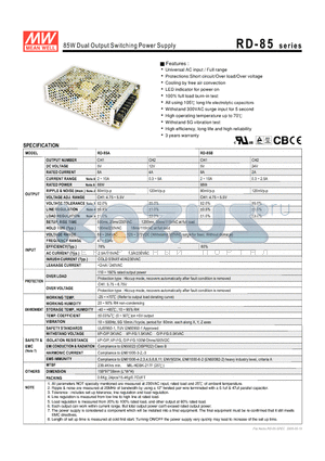 RD-85B datasheet - 85W Dual Output Switching Power Supply