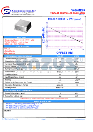 V630ME15 datasheet - LOW COST - HIGH PERFORMANCE VOLTAGE CONTROLLED OSCILLATOR