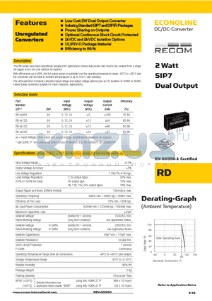 RD-XX05D datasheet - Watt SIP7 Dual Output