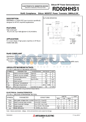 RD00HHS1 datasheet - RoHS Compliance, Silicon MOSFET Power Transistor 30MHz,0.3W