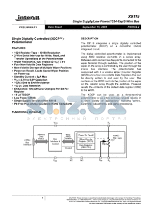 X9119TV14IZ-2.7 datasheet - Single Supply/Low Power/1024-Tap/2-Wire Bus
