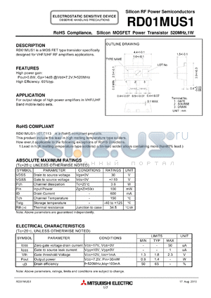 RD01MUS1_10 datasheet - RoHS Compliance, Silicon MOSFET Power Transistor 520MHz,1W