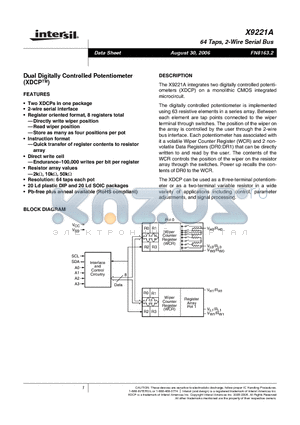 X9221AUPIZ datasheet - Dual Digitally Controlled Potentiometer