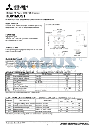 RD01MUS1_11 datasheet - RoHS Compliance, Silicon MOSFET Power Transistor 520MHz,1W