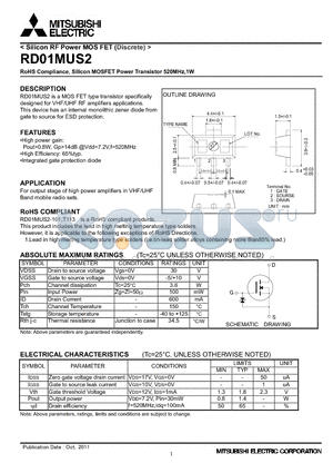 RD01MUS2 datasheet - RoHS Compliance, Silicon MOSFET Power Transistor 520MHz,1W